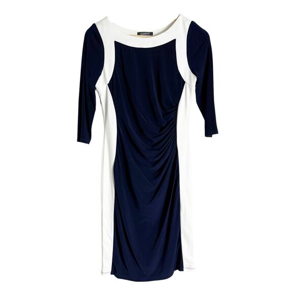 Glamour Navy White Ruched 3/4 Sleeve Colorblock Sheath Dress Size 4 Petite - Picture 1 of 10